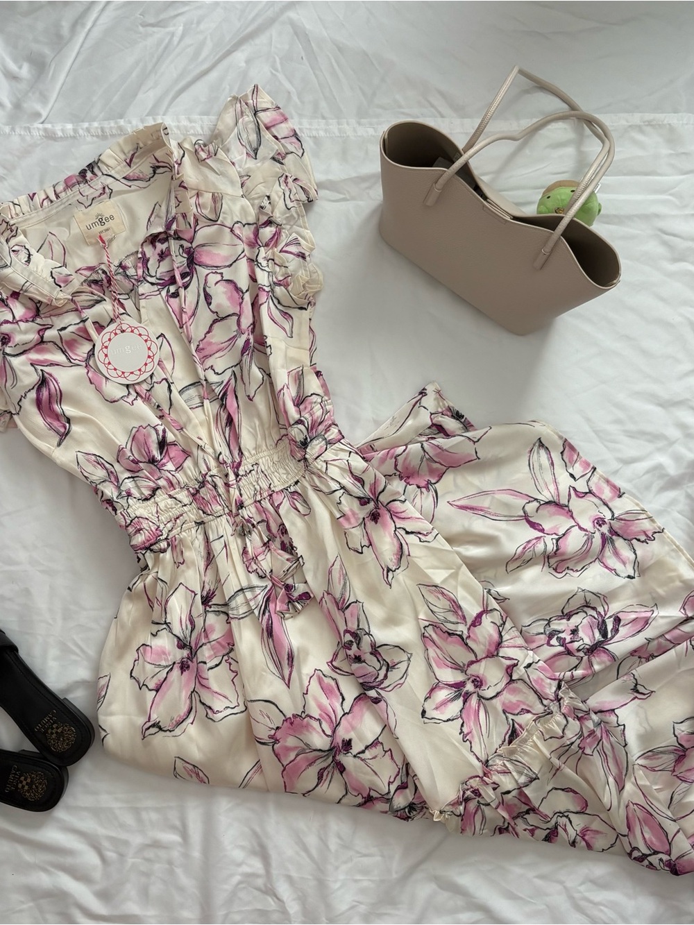 Umgee Cream Maxi Dress with Pink Floral Print and Ruffle Details